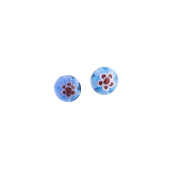 Blue Floral Glass Stud Earrings 14K - image 1