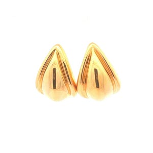 May include: A pair of gold-colored earrings with a unique, petal-like design. The earrings have a smooth, polished finish and a reflective surface, set against a white background. The earrings are a jewelry item.