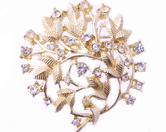 Coro Leaf and Rhinestone Brooch