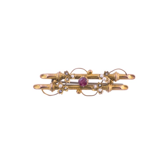 Victorian Seed Pearl and Ruby Bamboo Brooch - image 1