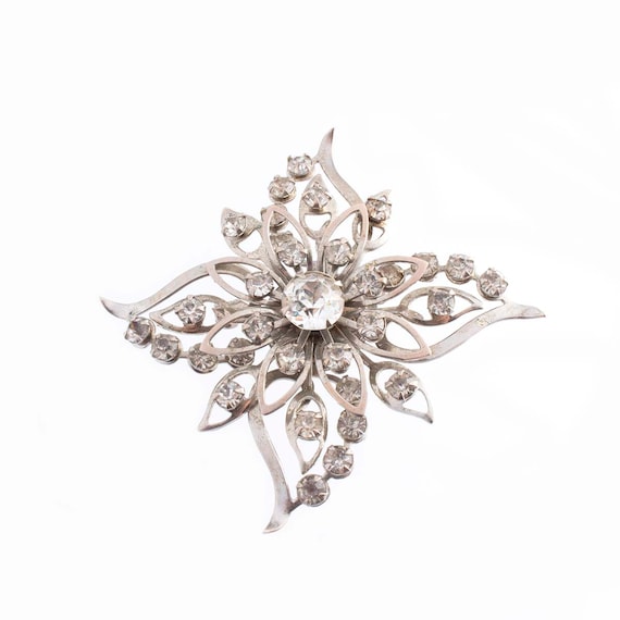 Floral Rhinestone Quatrefoil Brooch - image 1