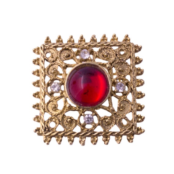 Gold Plated Red Cabochon Square Brooch