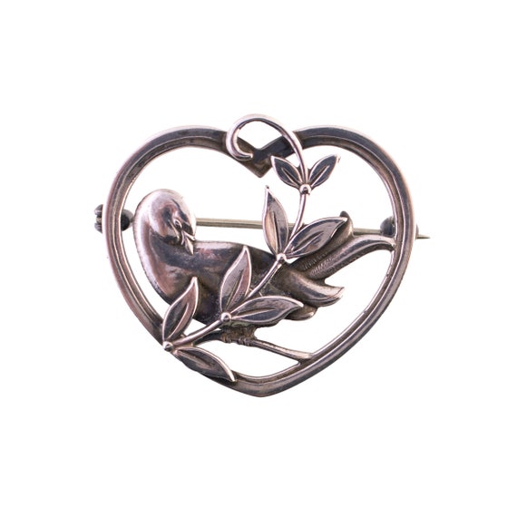 Sterling Silver Dove and Heart Brooch - image 1