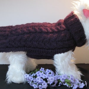 May include: A dark purple cable-knit dog sweater with a matching turtleneck collar. The sweater is designed to fit a small dog and is displayed on a white, fluffy dog model. A sprig of purple flowers is at the base.