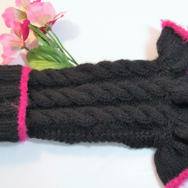 SMALL dog sweater absolutely stunning in black cable with fuchsia angora trim on ruffle and collar.  Ultra stylish and warm!