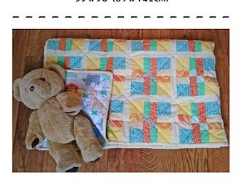 Quilt pattern: baby cot crib baby blanket or play-mat, yellow orange green blue, fast construction method 'Oranges and Lemons' PDF