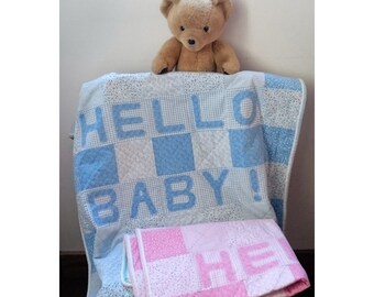 Quilt pattern: baby cot crib baby blanket or play-mat beginner-friendly, appliqué, uses fat quarters, blues or pinks PDF 'Hello Baby!'