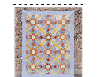 Quilt pattern: single twin bed contemporary quilt using traditional blocks, stars, grey yellow orange, PDF 'Starstruck'