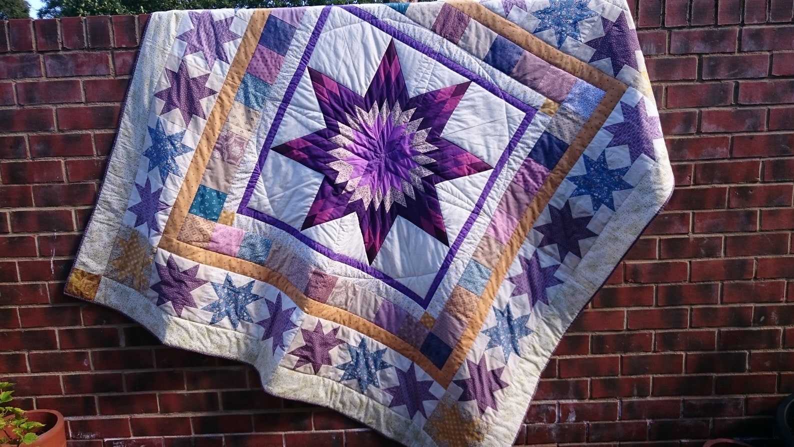 Quilt Pattern Double Bed Medallion Quilt, Star Blocks, Blue, Purple