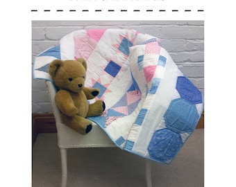 Quilt pattern: baby cot crib baby blanket or wall-hanging or play-mat, variety of blocks, modern, white pink blue, PDF 'Sleep tight'