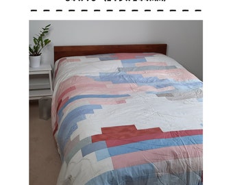 Quilt pattern: kingsize bed, contemporary quilt, strip-piecing, suitable for confident beginner, blue white pink, PDF 'Sky, Blue, Pink'