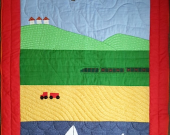 Baby quilt, cot quilt, baby blanket, playmat, throw, wall-hanging: &#39;This is my World&#39; colourful appliqué quilt project, countryside scene