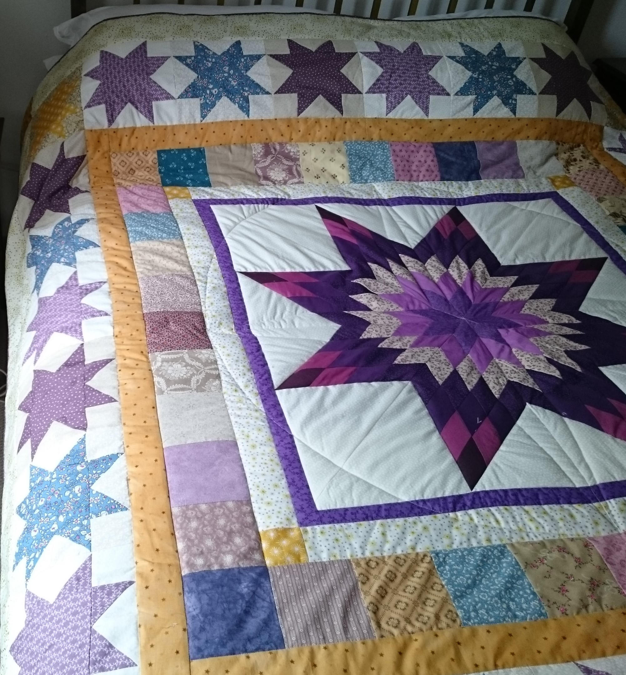 Quilt Pattern Double Bed Medallion Quilt, Star Blocks, Blue, Purple