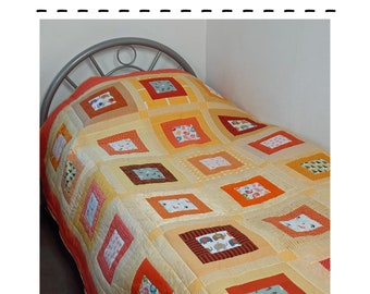 Quilt pattern: single twin bed squares, novelty prints, child's quilt, sunny colours, beginner-friendly PDF 'Sunny Squares'