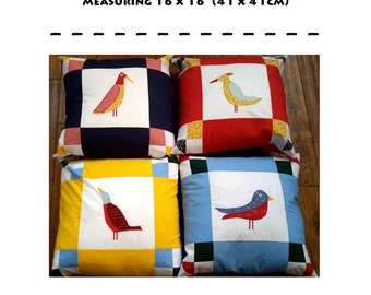Sewing pattern: four cushion covers depicting colourful birds, with borders, sewing, patchwork, machine appliqué, PDF 'Quirky Birds'
