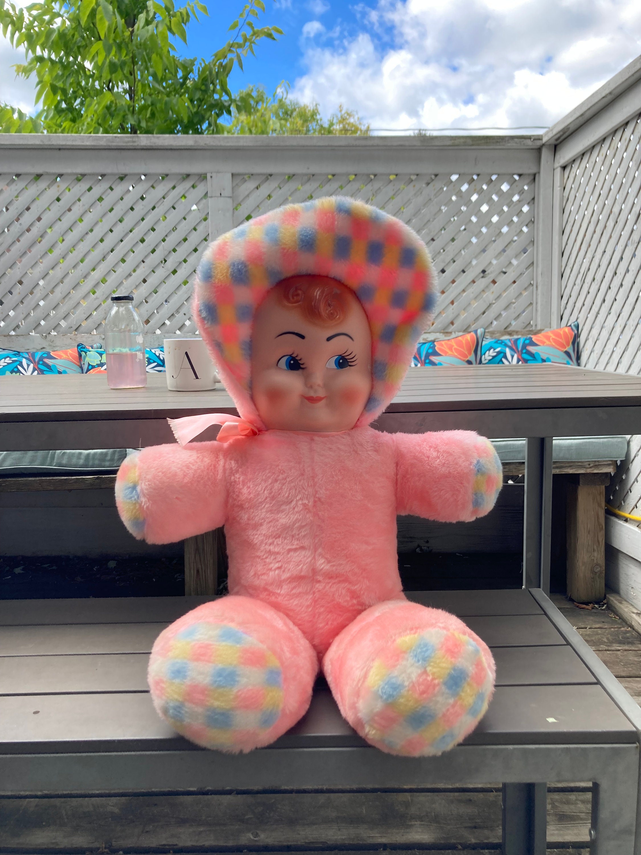 Large Vintage 1950s Rubber Face Baby Plush Doll Girl Pink Bonnet 