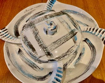 MCM Midcentury Modern Appetizer Lazy Susan Serving Tray Covered Dish Blue Black and White California Pottery USA Made vintage pottery
