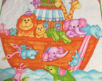 Vintage Noah's Ark Quilted Baby Blanket, Rainbow Animals (32.5” x 19.5”