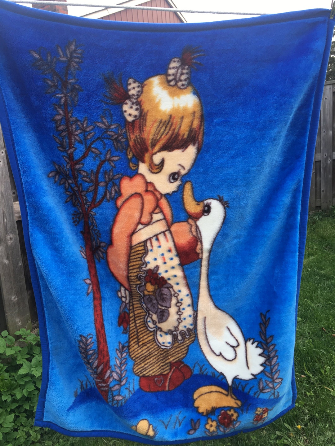 Vintage 40x54 Precious Moments Dark Blue Plush Baby Blanket White Duck