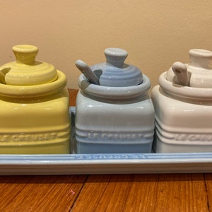 Le Creuset Mini Spice Jam Jars With Spoons Stoneware Set of 3 Rare