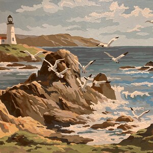May include: A painting of a white lighthouse on a rocky coastline with seagulls flying overhead. The ocean is a light blue color with white waves crashing against the rocks. The sky is a light blue with white clouds.