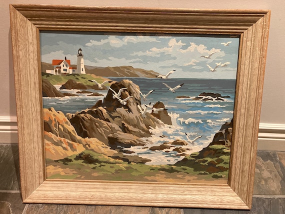 Vintage Large 20x16 Paint by Numbers Painting Wood Framed Ocean Lighthouse Seagulls Nautical MCM 1960’s Mid century Picture Seaside