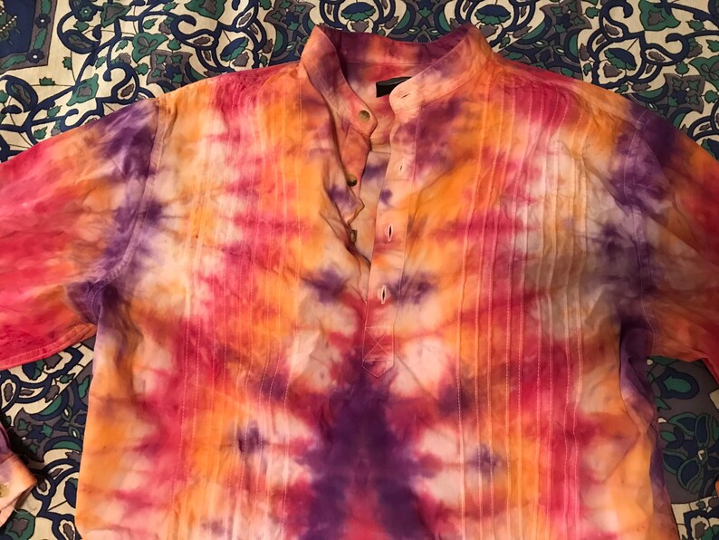 Purple /& Orange Tie Dyed Unisex Blouse Upcycled Small Medium Long Sleeve Red