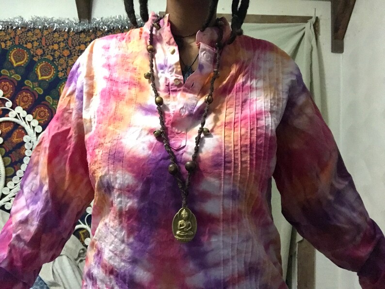 Purple /& Orange Tie Dyed Unisex Blouse Upcycled Small Medium Long Sleeve Red