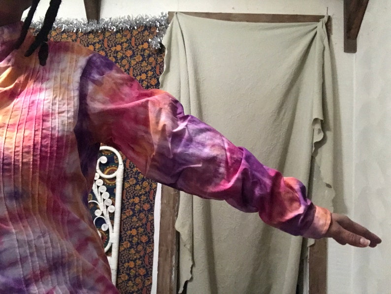 Purple /& Orange Tie Dyed Unisex Blouse Upcycled Small Medium Long Sleeve Red