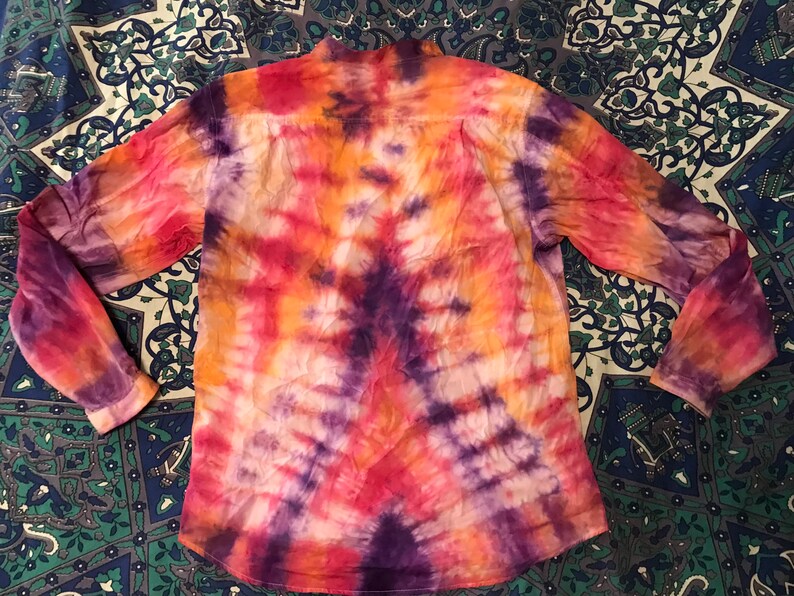 Purple /& Orange Tie Dyed Unisex Blouse Upcycled Small Medium Long Sleeve Red