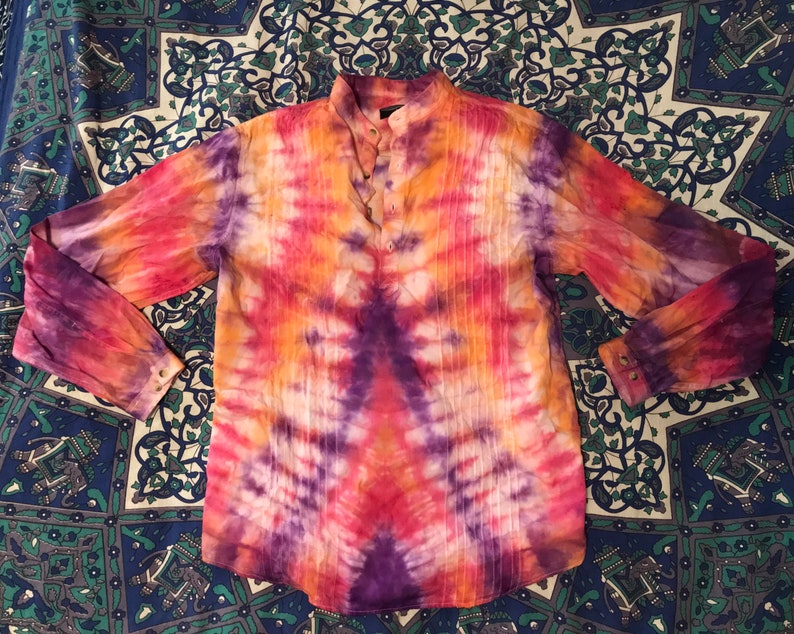Purple /& Orange Tie Dyed Unisex Blouse Upcycled Small Medium Long Sleeve Red