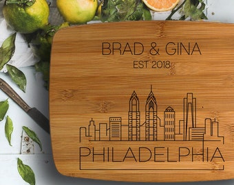 Philadelphia skyline engraved cutting board, custom personalized engraved bamboo cutting board