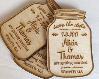 25 Mason Jar Save the Date Engraved Magnets - save the dates for your wedding - engraved in wood