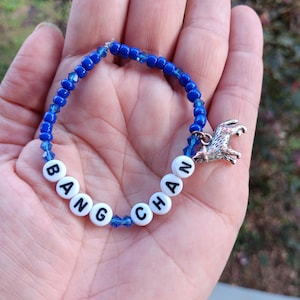 Stray Kids Stretch Beaded Name Bracelet - Bang Chan, Channie, Wolf Chan - Royal Blue with wolf charm