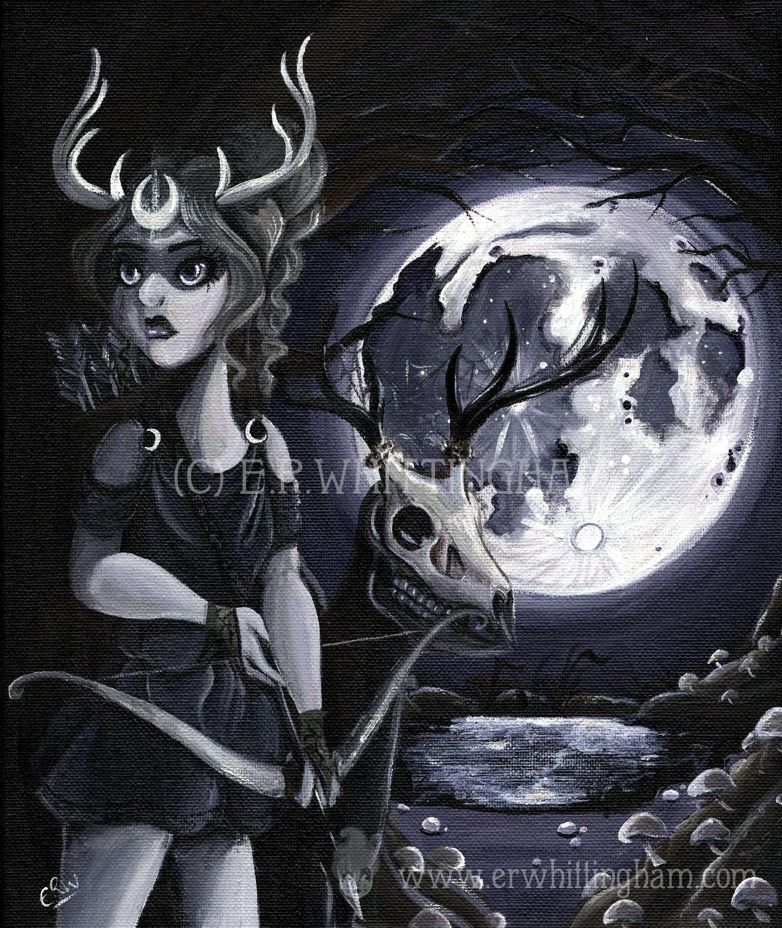 Gothic Artemis And Stag Art Print Greek Mythology Moon Etsy
