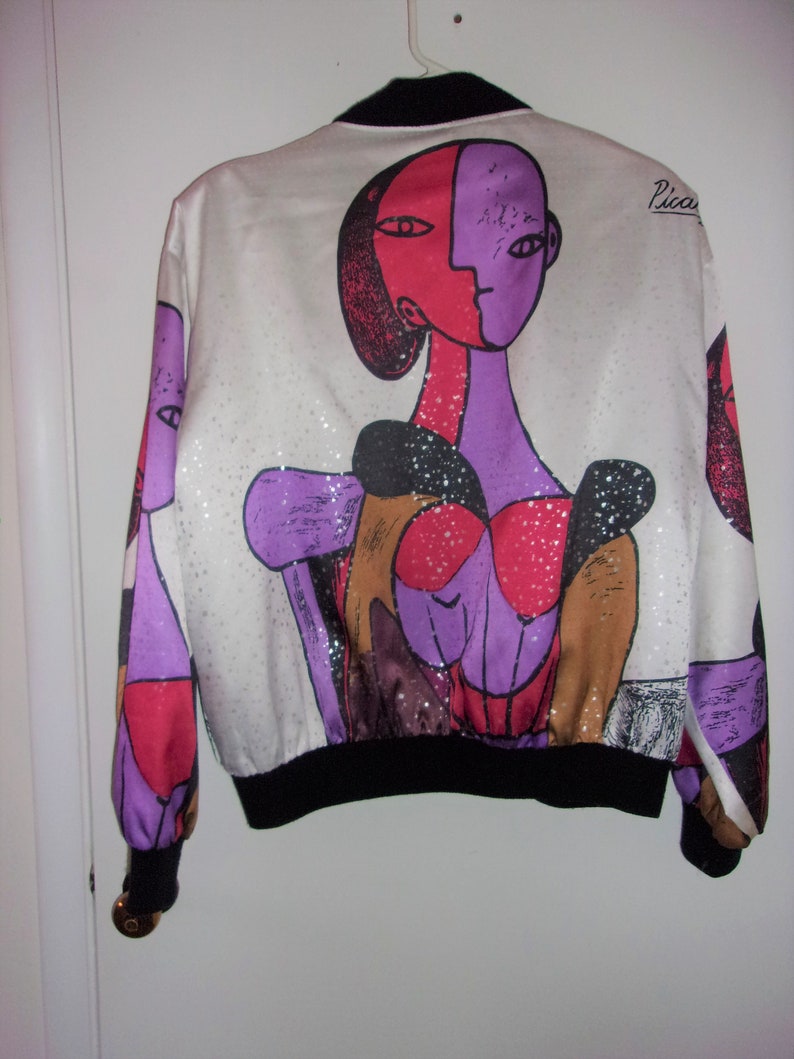 MIGHTY Picasso Artwork Satin Vintage Ladies Coat Retro Bomber Jacket HTF Rare