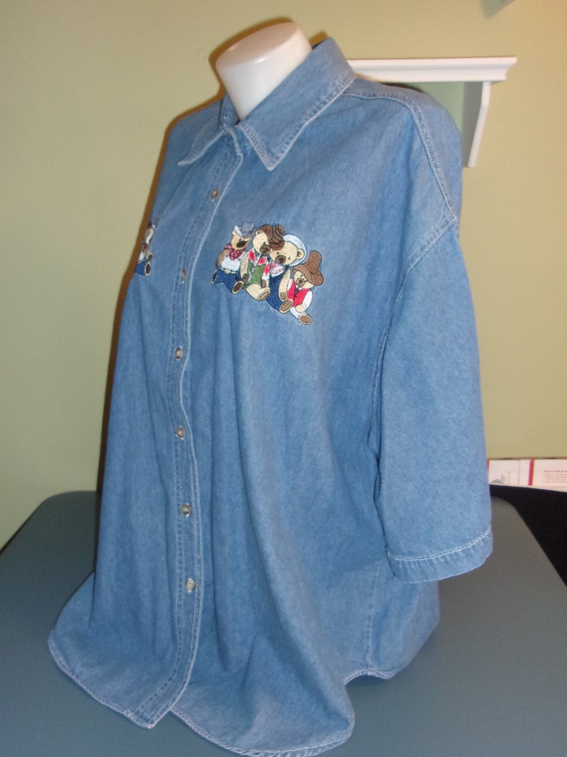 Vintage Quizz Denim Jean Embroidered Denim Shirt Bears Western Cowboy Womens 24