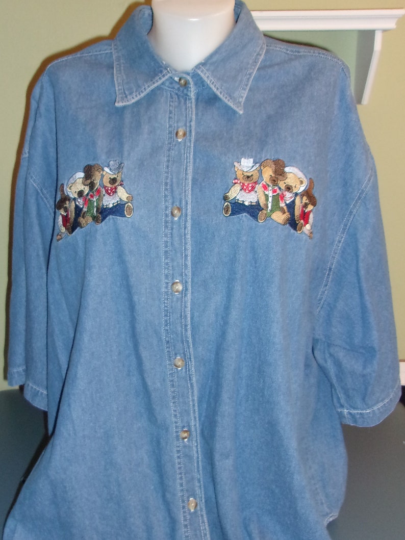 Vintage Quizz Denim Jean Embroidered Denim Shirt Bears Western Cowboy Womens 24