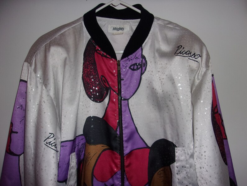 MIGHTY Picasso Artwork Satin Vintage Ladies Coat Retro Bomber Jacket HTF Rare
