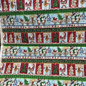 Christmas Printed Fabric--Peace, Joy, Christmas Trees, Reindeers, Santa Claus, Snowman, Candy Cane, Train**100% cotton--1 yard