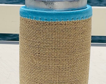 Blank Burlap Coozie Drink Holder with teal blue piping—12 in all