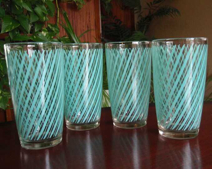Lot of 4 Retro Glass Tumblers Drinking Glasses Turquoise Swirl Etsy