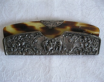 Antique Comb and Case Embossed Silver Plate Case Faux Tortoise Shell Comb k778