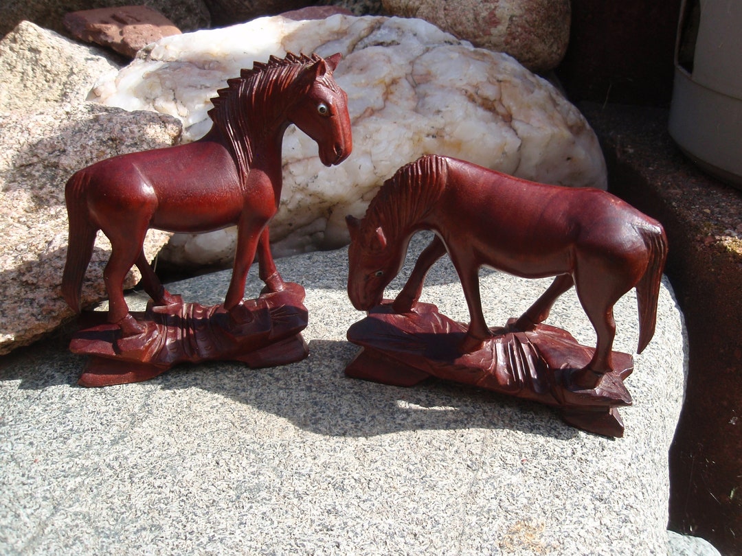 Set of Two Wood Horse Figurine Figures Art and Collectibles Etsy