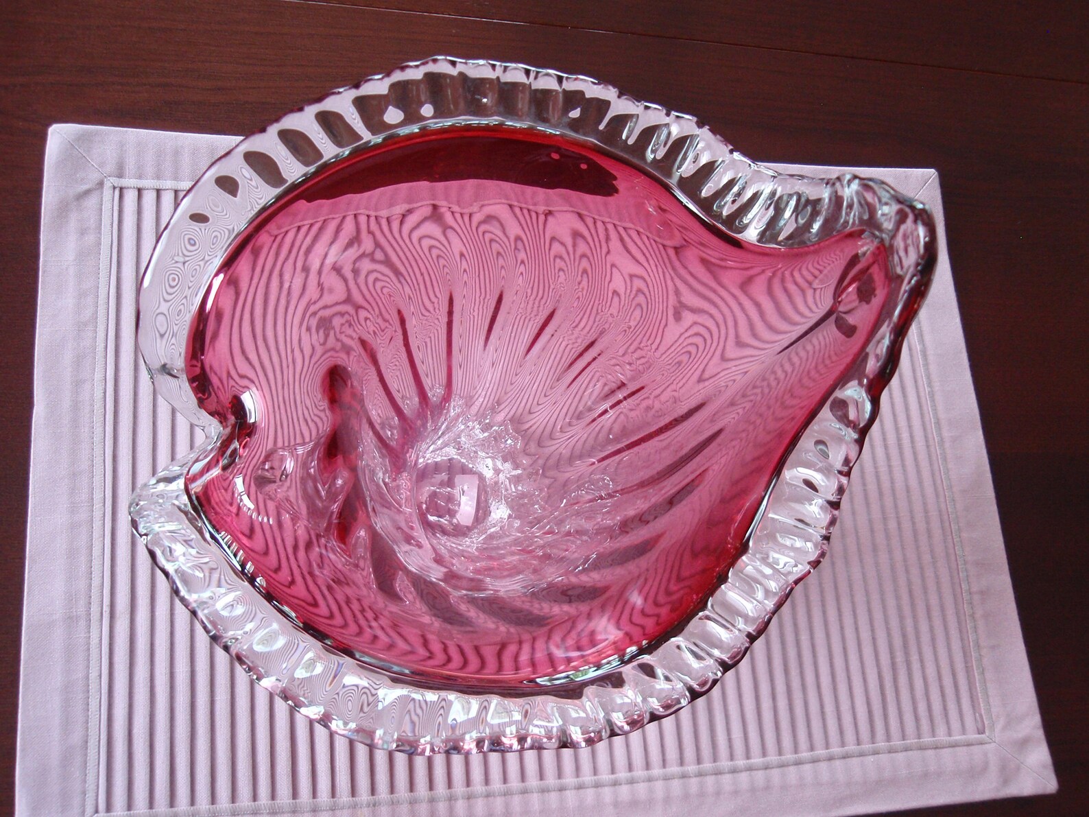 Blown Art Glass Vase Centerpiece Pink With Clear Glass Fluted Etsy