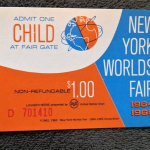 New York Worlds Fair Ticket Child 1964 and 1965 Art and Collectible Memorabilia Souvenir Event g2578