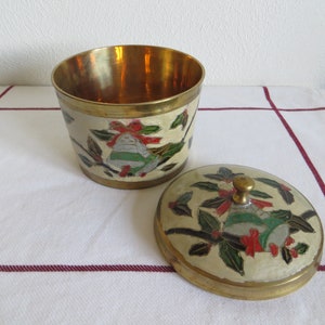 Decorative Christmas Container 4 Inch Tall with Holly Leaves and Bells Brass and Enamel Home and Living Decor Ornaments and Accents MD g2589