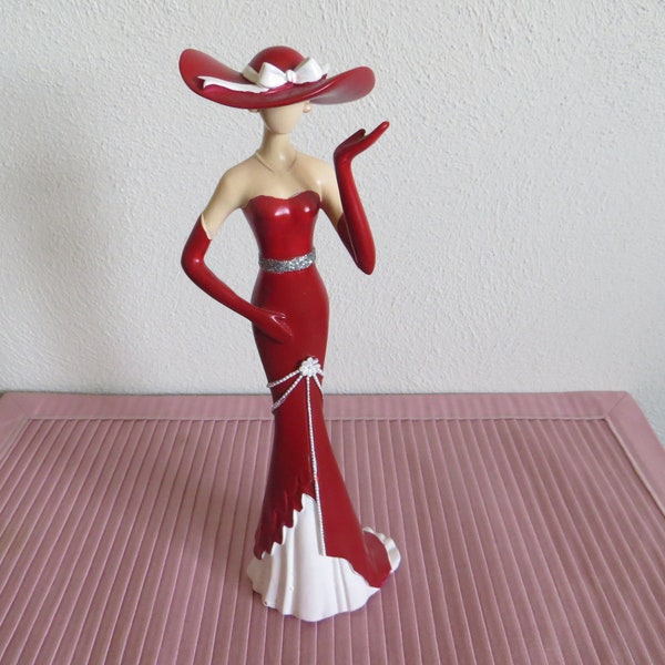 Glamour Girl Statue Jewelry Hanger Holder Red and White Gloves and Big Hat Home and Living Decor Statue h112