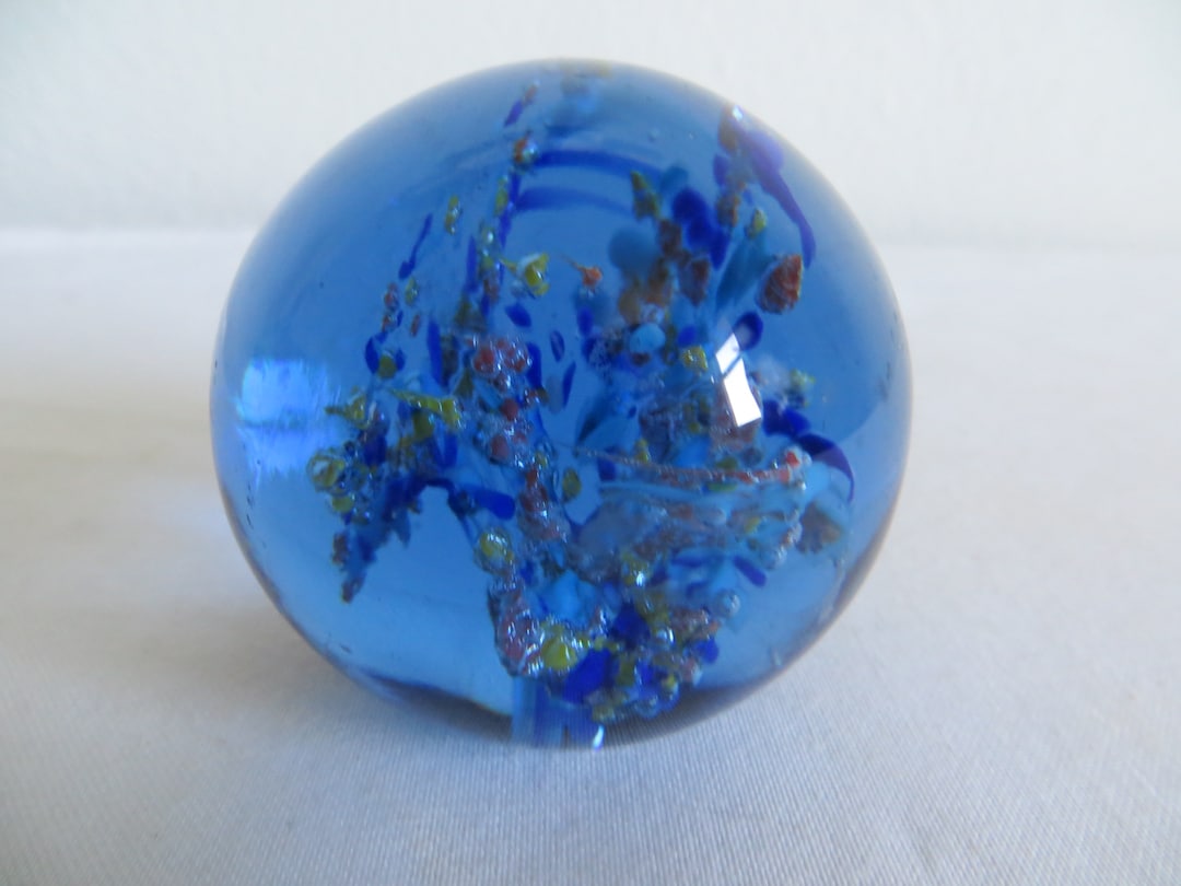Vintage 2 Inch Blue Glass Paperweight Coral Shapes Interior Mid Century