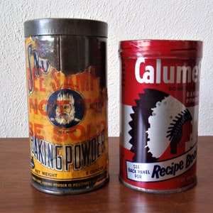 Baking Powder Cans Tins Two Metal Containers Snow King and Calumet Art and Collectible Tins Advertising Advertisements e1303